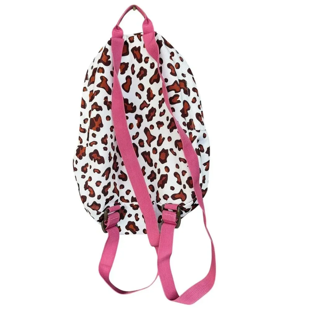 JanSport‎ Mini Backpack Leopard Animal Print White Brown Pink Trim Zip Pocket